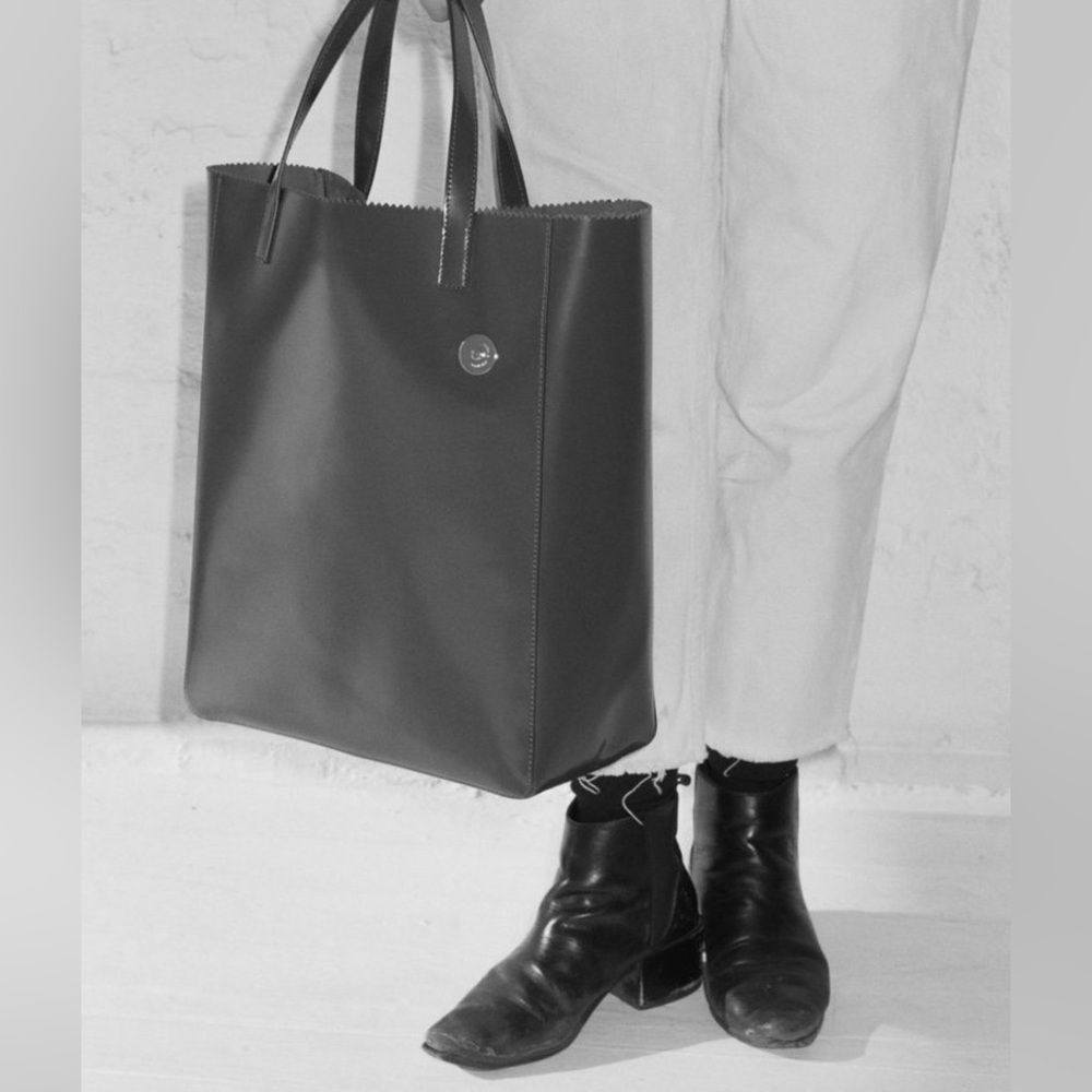 Kara "Pinch Tote" Leather Bag Black Crimped Top Silver Detail Shiny Buffed Large